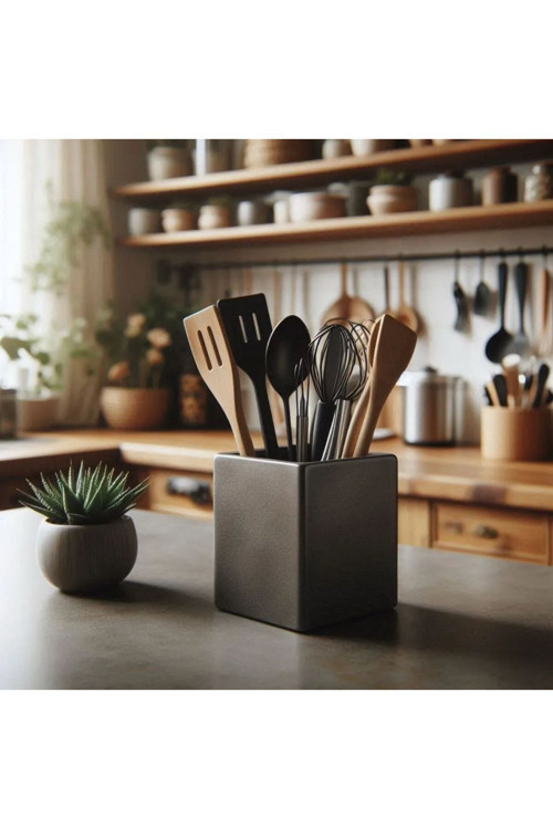 Minimalist Kare Form Mat Siyah Mutfak Gereçleri Kaşıklık Standı