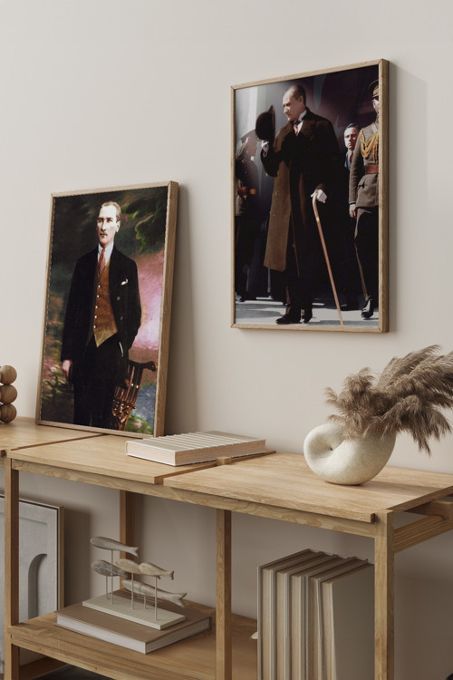 Atatürk Tasarımlı 2'li Doğal Ahşap Çerçeveli Tablo