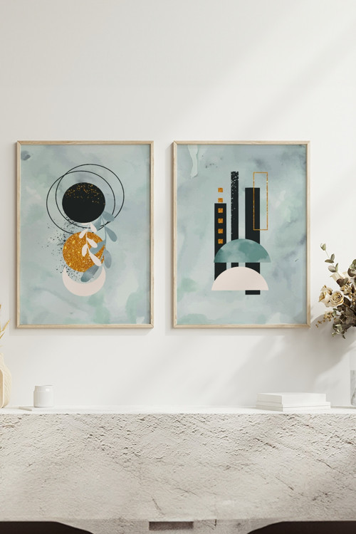 Minimalist Dekoratif Tasarımlı 2'li Doğal Ahşap Çerçeveli Tablo