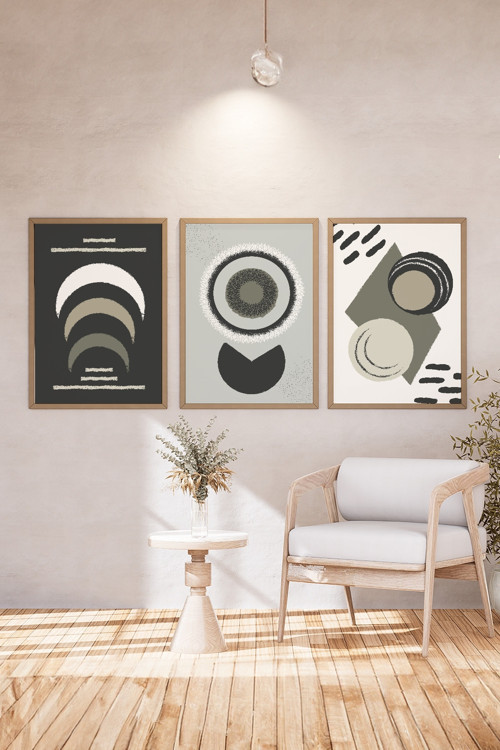 Minimalist Tasarımlı 3'lü Doğal Ahşap Çerçeveli Tablo