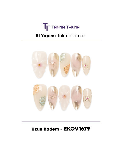 EKOV1679 Uzun Badem 10'lu Tekrar Kullanılabilir El Yapımı Protez Takma Tırnak Ten Rengi-XS