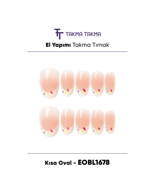 EOBL1678 Kısa Oval 10'lu Tekrar Kullanılabilir El Yapımı Protez Takma Tırnak Pembe-XS