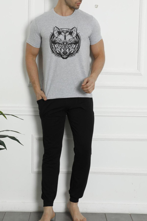 Erkek Pijama Takımı Kısa Kollu Cepli Pamuk 3 Lu Set Bermuda Şort Kurt Baskılı Gri