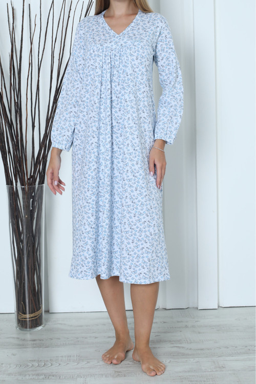 Kadın Tunik Uzun Gecelik Uzun Kollu Büyük Beden Pamuklu Mavi