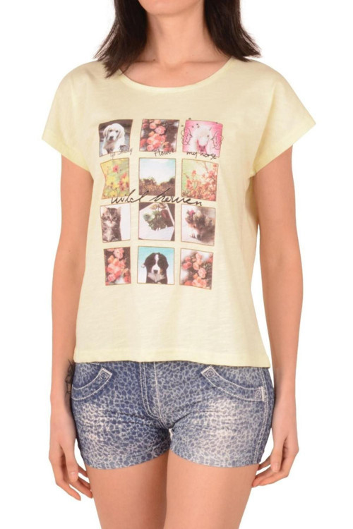 Kadın Şortlu Pijama Takımı Kısa Kollu Kot Baskı Pamuk Likralı Sarı