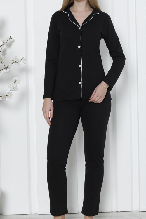 Kadın Pijama Takımı Uzun Kollu Düğmeli Pamuklu Biyeli Gömlek