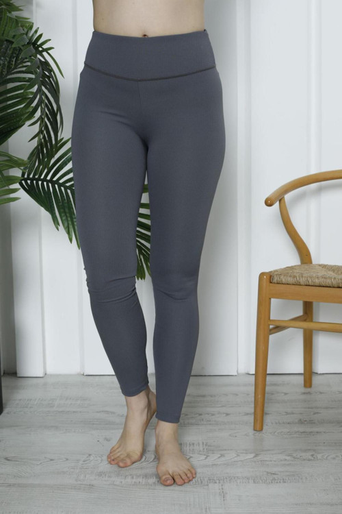 Kadın Yüksek Bel Toparlayıcı Tayt Kaşkorse Fitilli Polyester Antrasit