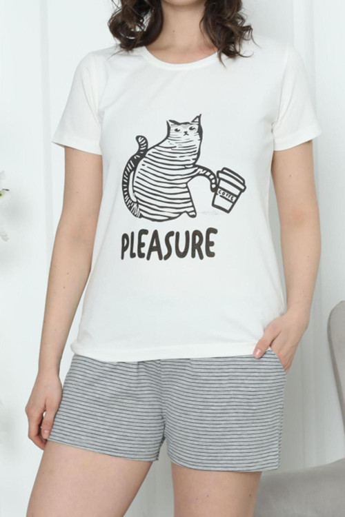 Kadın Şortlu Pijama Takımı Kısa Kollu Pamuklu Cepli Likralı Ekru