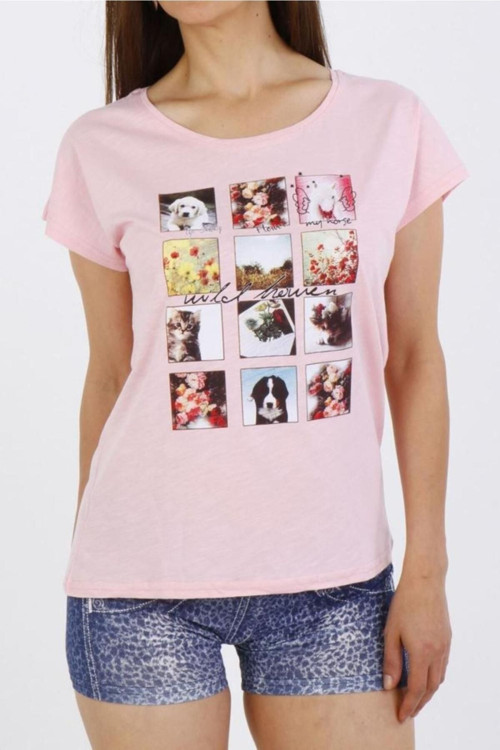 Kadın Şortlu Pijama Takımı Kısa Kollu Kot Baskı Pamuk Likralı Pembe