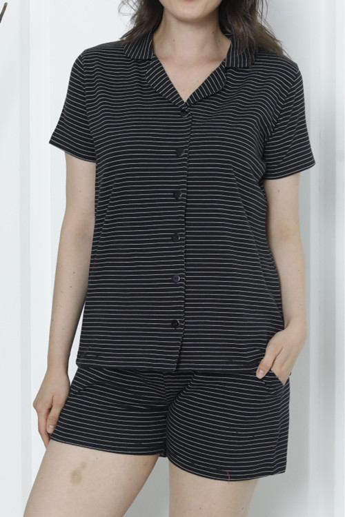 Kadın Şortlu Pijama Takımı Kısa Kollu Düğmeli Cepli Siyah Çizgili