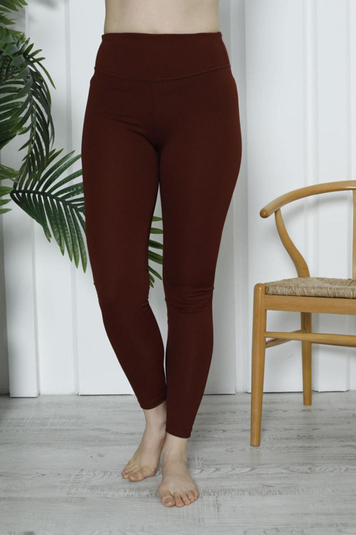 Kadın Yüksek Bel Toparlayıcı Tayt Kaşkorse Fitilli Polyester Kiremit