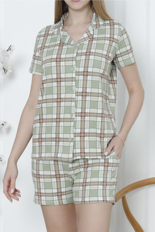 Kadın Düğmeli Şortlu Pijama Takımı Ekoseli Pamuklu Likralı Cepli Çağla Yeşili