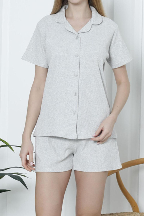 Kadın Şortlu Pijama Takımı Kısa Kollu Kaşkorse Salaş Cepli Taş