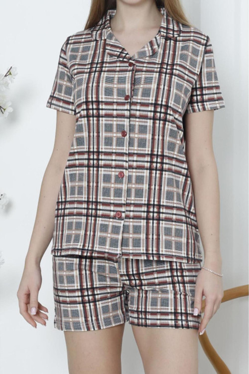 Kadın Düğmeli Şortlu Pijama Takımı Ekoseli Pamuklu Likralı Cepli Mürdüm