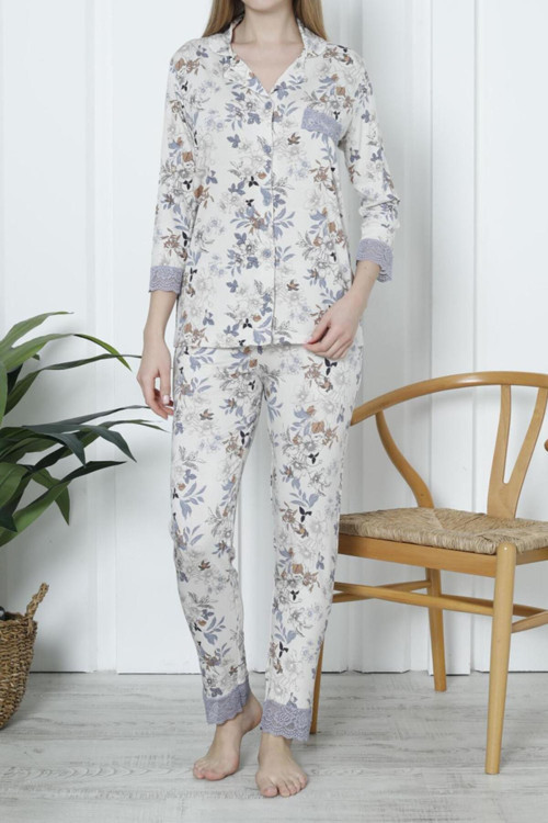 Kadın Pijama Takımı Cepli Düğmeli Likralı Dantelli Taş