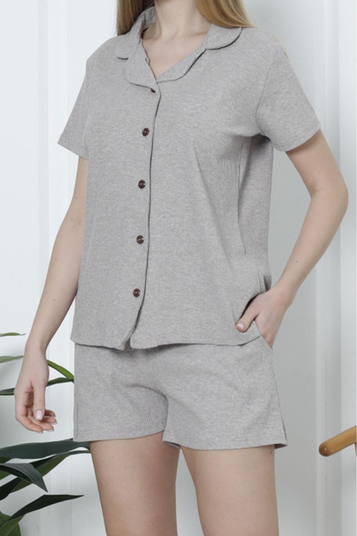 Kadın Şortlu Pijama Takımı Kısa Kollu Kaşkorse Salaş Cepli Koyu Vizon