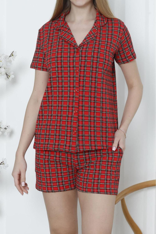 Kadın Düğmeli Şortlu Pijama Takımı Ekoseli Pamuklu Likralı Cepli Kırmızı
