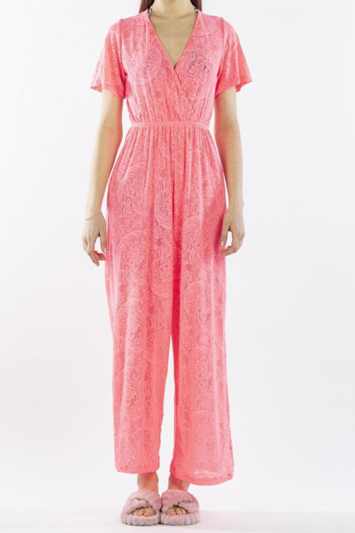 Kadın Pareo Tulum Plaj Elbisesi Neon Dantelli Pembe