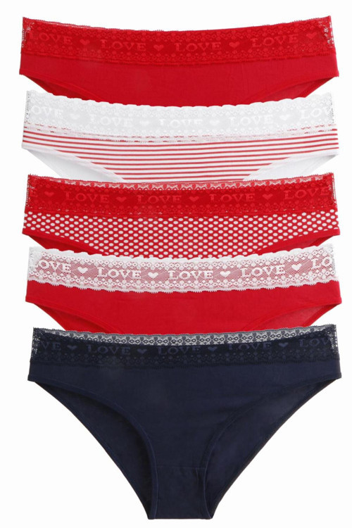 Kadın Külot 5 Li Paket Likralı Pamuklu Love Yılbaşı Sevgili Mıxcolor