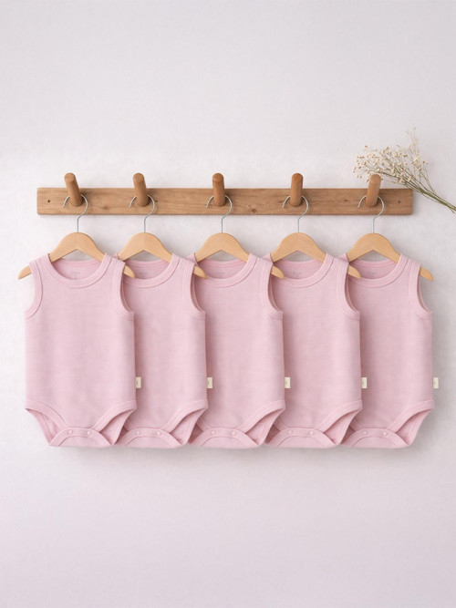 Organik 5 li Sıfır Kol 3-9 Ay Çıtçıtlı Badi - Pembe 9-12 Ay