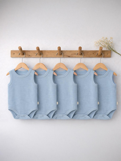 Organik 5 li Sıfır Kol 3-9 Ay Çıtçıtlı Badi - Mavi 6-9 Ay