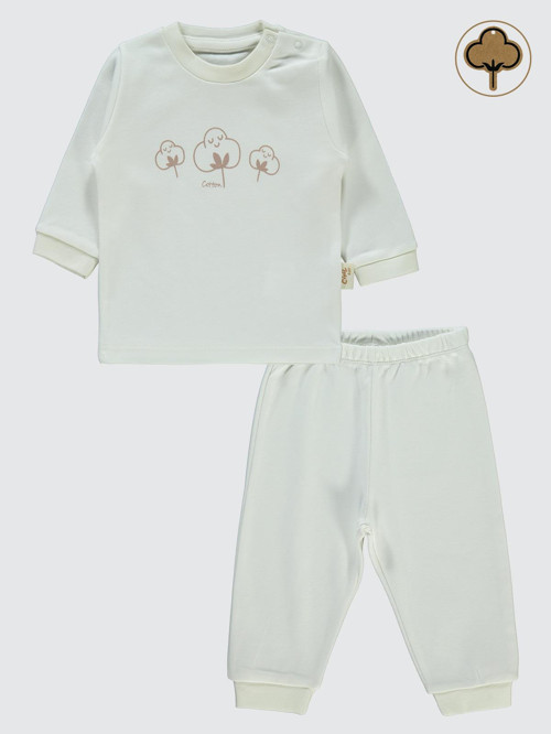 Organic Pamuklu Omuzdan Patlı 1-9 Ay Pijama Takımı - Ekru 3-6 Ay
