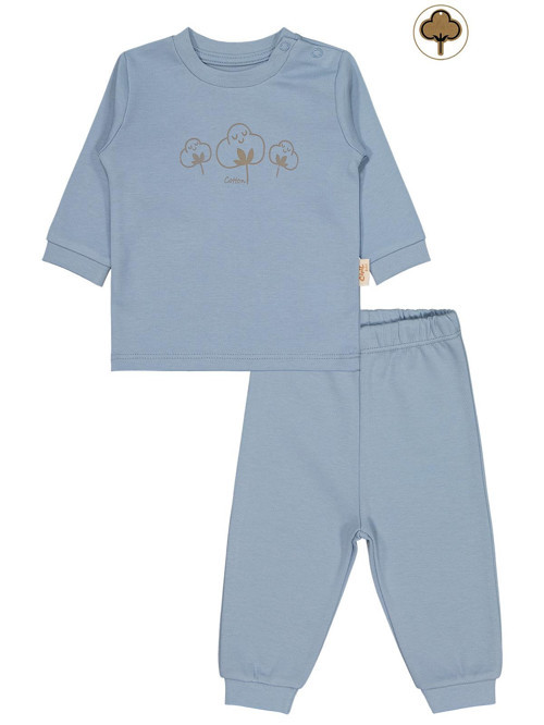 Organic Pamuklu Omuzdan Patlı 1-9 Ay Pijama Takımı - Mavi 9-12 Ay