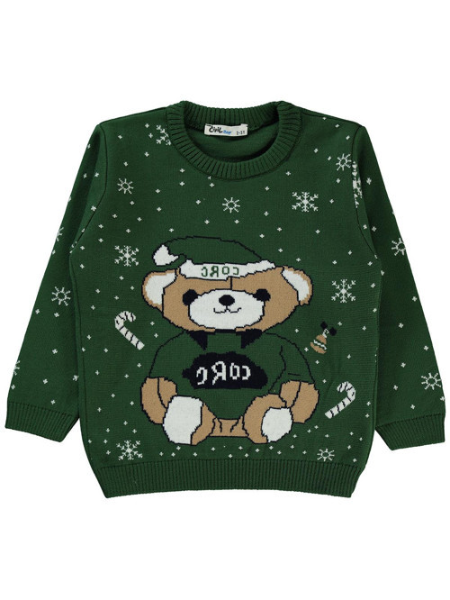 Şapkalı Ayı Desenli 2-5 Yaş Kazak - Yeşil 4-5 Yaş