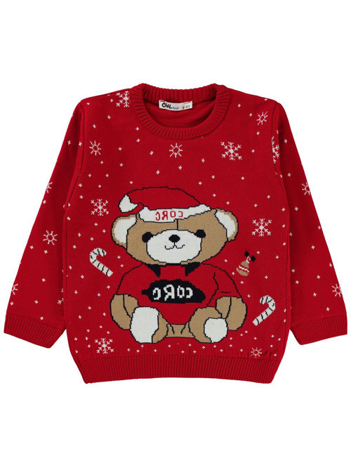 Şapkalı Ayı Desenli 2-5 Yaş Kazak - Kırmızı 3-4 Yaş