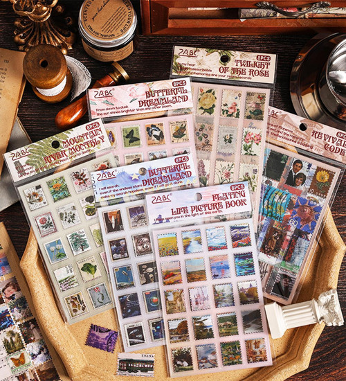 Pul Temalı 8 Sayfa Vintage Sticker – Dekoratif ve Scrapbook Uyumlu