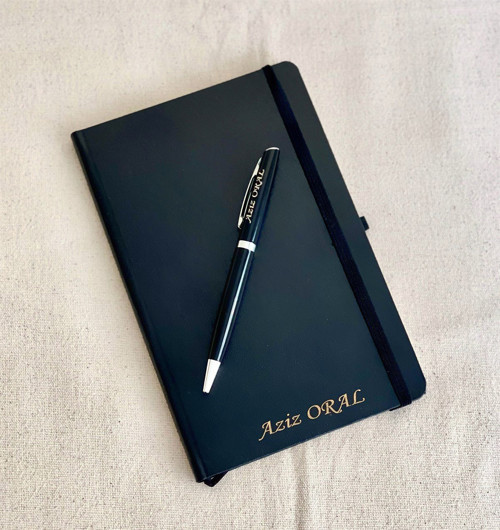 Kişiye Özel Siyah Deri Defter ve Roller Tükenmez Kalem