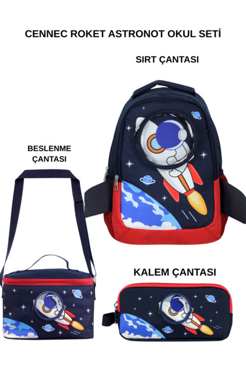Cennec Roket Astronot 3’lü Set – Sırt Çantası, Beslenme Çantası ve Kalem Kutusu