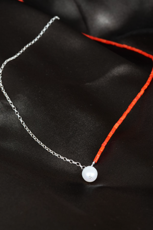 Gerçek İnci ve Mercan Doğal Taşlı Gümüş Zincirli Kolye