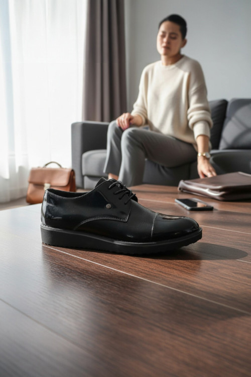 Erkek Siyah Hakiki Deri Klasik Ayakkabı Rugan Burun Detaylı Ve Mikro Dokulu Panelli Comfort Tabanlı Model