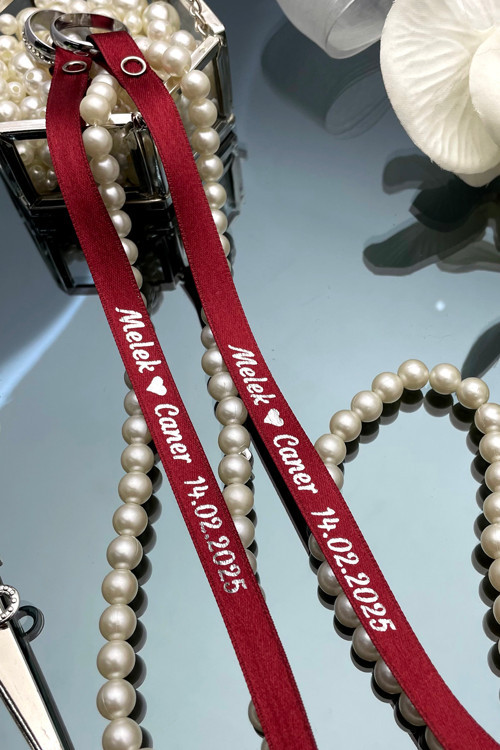 Söz Nişan Yüzük Kurdelesi (Dökülen inci, Gümüş Yazı) (1 Adet) Bordo 42263