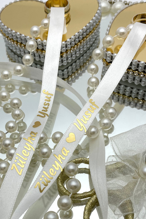 Söz Nişan Yüzük Kurdelesi - Dökülmeyen İnci-Altın Yazı (1 Adet) Beyaz 42271