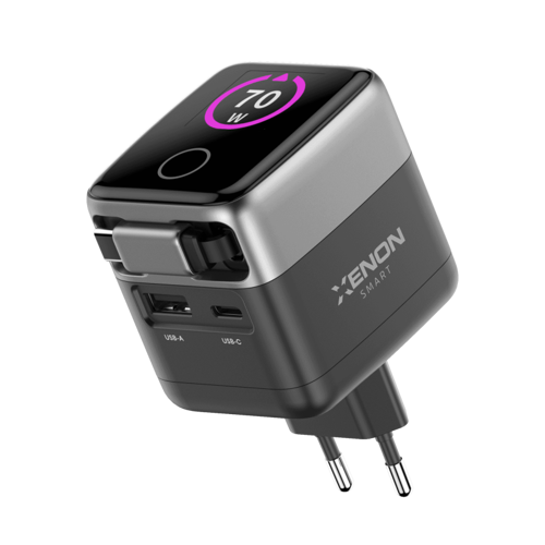 Hızlı Şarj Adaptörü | 70W, GaN, USB-C & USB-A, Dahili Type-C Kablo, PD PPS, Dijital Ekran (X6413)