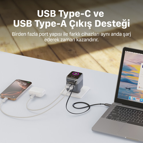 Xenon Smart Hızlı Şarj Adaptörü | 70W, GaN, USB-C & USB-A, Dahili Type-C Kablo, PD PPS, Dijital Ekran (X6413) 3