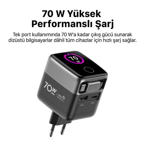 Xenon Smart Hızlı Şarj Adaptörü | 70W, GaN, USB-C & USB-A, Dahili Type-C Kablo, PD PPS, Dijital Ekran (X6413) 4