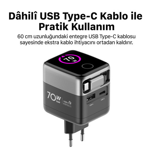 Xenon Smart Hızlı Şarj Adaptörü | 70W, GaN, USB-C & USB-A, Dahili Type-C Kablo, PD PPS, Dijital Ekran (X6413) 5