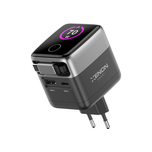 Xenon Smart Hızlı Şarj Adaptörü | 70W, GaN, USB-C & USB-A, Dahili Type-C Kablo, PD PPS, Dijital Ekran (X6413) 6