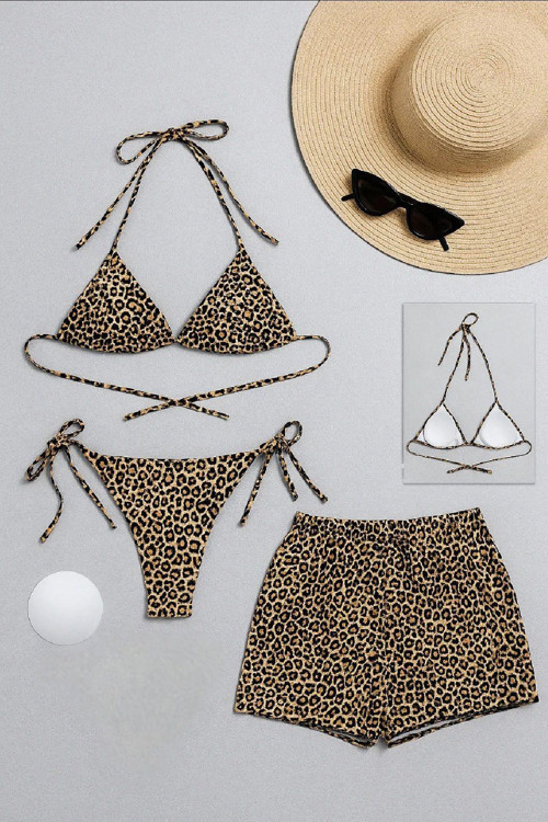 Kadın 3'Lü Set Leopar Desenli Şortlu Ve Yandan Bağlamalı Bikini Mayo Takımı – Modern, Konforlu Ve Gü