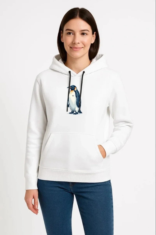 Kadın Oversize Hoodie - Sırt Baskılı "Survivor Penguin" Temalı, Felsefi Yazılı Kapüşonlu Sweatshirt