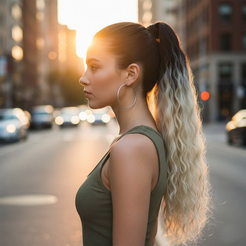 Miku Design Lastik Tokalı At Kuyruğu Kabarık Afro Dalgalı / Siyah / Platin Ombre