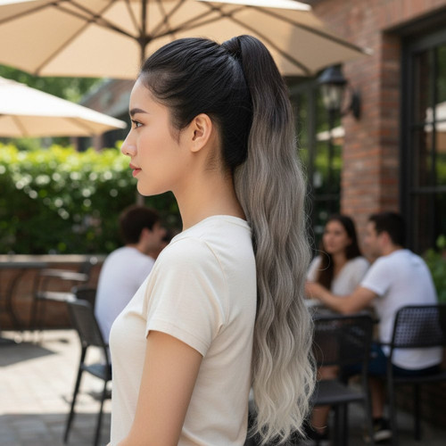 Miku Design Lastik Tokalı At Kuyruğu Su Dalgalı / Kumral / Beyaz Platin Ombre
