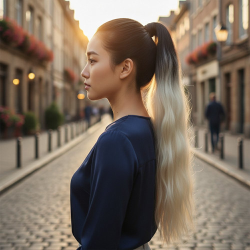 Miku Design Lastik Tokalı At Kuyruğu Su Dalgalı / Siyah / Platin Ombre