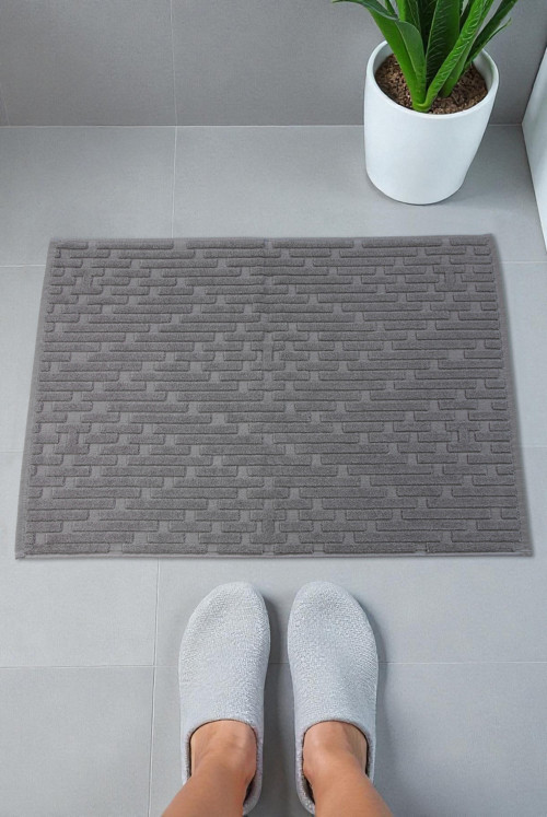 Tuğla Desenli 2li Ayak Havlusu - 50x70 cm - Su Emici Banyo Paspası Seti - Koyu Gri - 00104