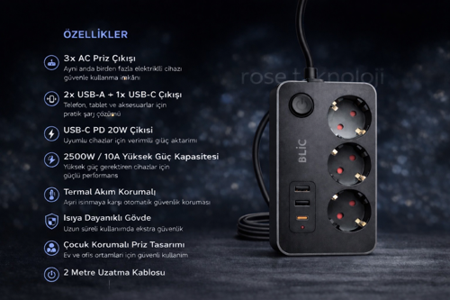 TERMAL AKIM KORUMALI 3 PRİZ 2 USB 1 TYPE-C GİRİŞLİ 2 M UZATMA KABLOLU PRİZ