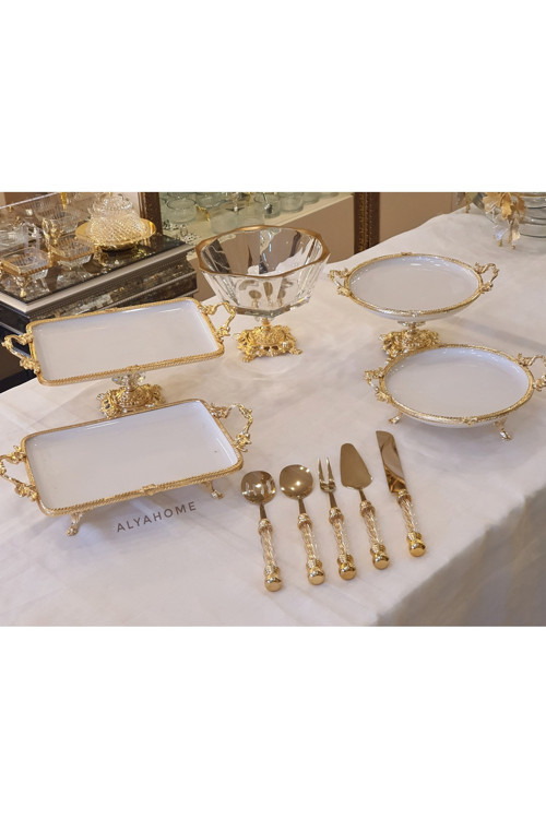 Gold Çerçeveli Salata Kaseli Porselen Sunum Seti