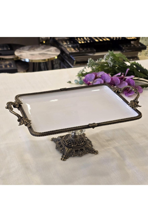 Metal Çerçeveli Döküm Ayaklı Dikdörtgen Porselen Servis Tabağı 30X22 cm Antik
